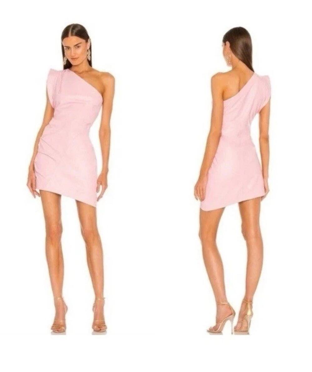 LAMARQUE Corey One Shoulder Leather Mini Dress S Pink Ruched Pleated REVOLVE